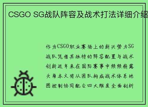 CSGO SG战队阵容及战术打法详细介绍